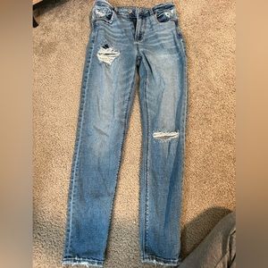 American Eagle; straight semi distressed jeans; medium wash; size 00 regular